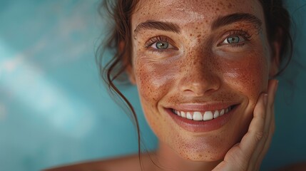 Wall Mural - Embarrassed Caucasian woman with brown hair posing, touching her authentic skin. A wellness and skincare concept on an isolated background. Close up.