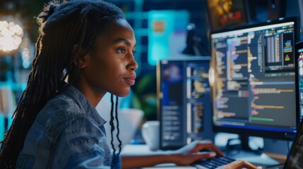 Poster - in an ethnically diverse office, a professional black woman is working on a desktop computer on a la