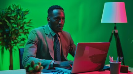 Poster - A black businessman is sitting at his desk working on a laptop computer, analyzing data.