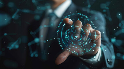 Poster - businessman scan fingerprint biometric identity and approval. concept. Cyber security and password control through fingerprints, personal data protection, network security concept