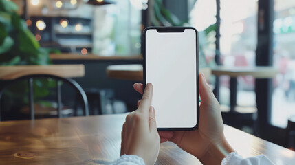 Poster - cell phone white screen mockup, business woman hand holding mobile phone, finger touching on blank s