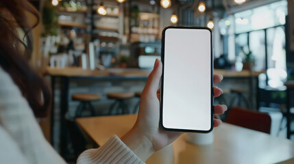 Poster - cell phone white screen mockup, business woman hand holding mobile phone, finger touching on blank s