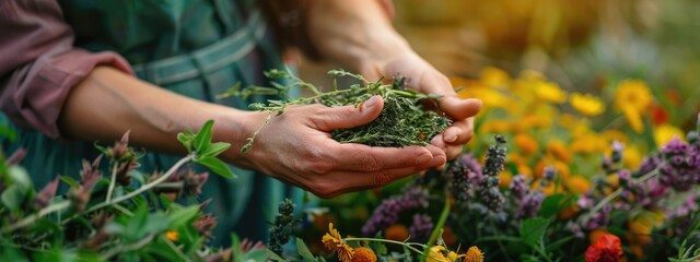 Wall Mural - A woman collects medicinal herbs.Generative AI