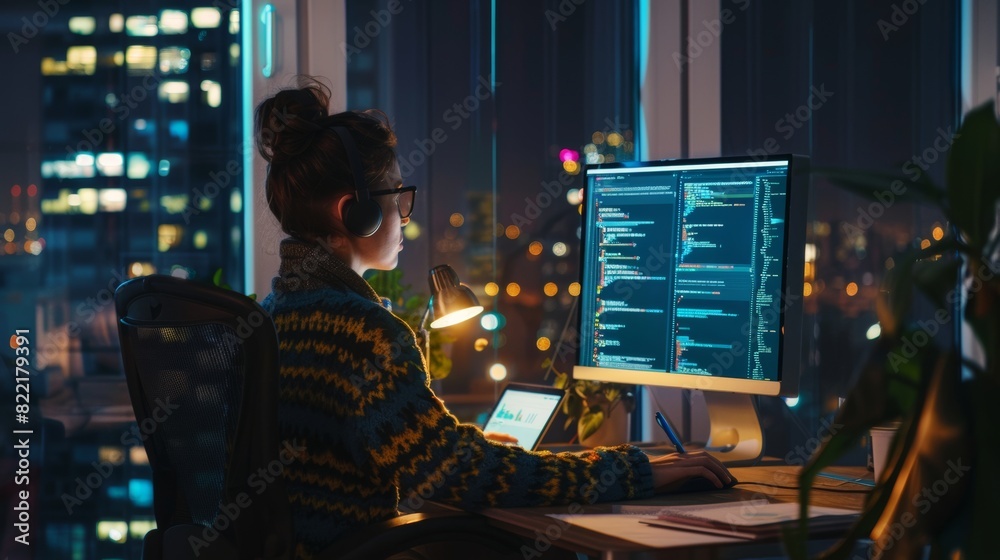 Writing code on a desktop computer in an evening in a stylish loft ...