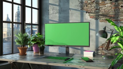 Poster - The desktop computer monitor is mounted on the table with a green screen chromakey mock-up display. A cozy loft apartment with a big window is seen in the background with a lamp, notebook, and