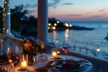 Wall Mural - An enchanting candlelight dinner on a private balcony overlooking the ocean, with a table set with silverware and fresh flowers, featuring a Mediterranean feast of grilled vegetables, lamb, and olives
