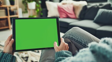 Poster - Close up image of a female scrolling through social media posts on mobile device on a tablet with a green screen mockup display. Female is relaxing on the sofa at home, watching videos and reading