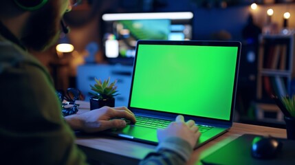 Poster - An adult woman checks social media while working on a laptop computer with a green screen display, and she uses a trackpad.