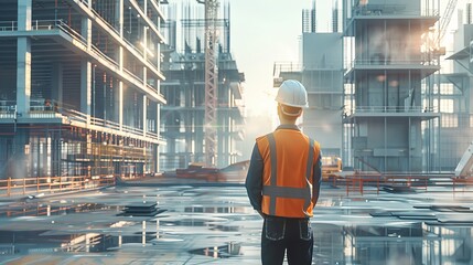 Poster - Building Construction Site with Architectural Engineer, Investor and Worker. Futuristic Concept of Building Development.