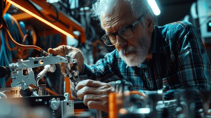 Poster - Male senior developer works on an engineering project and changes the position of a robotic hand with a lever. Empowered engineer does a creative project. Robotics and Automation for Facilities