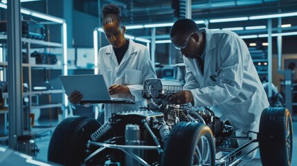 Engineers using laptops and tablets to analyze an electric vehicle engine in the research lab. Modern Industry 4 Sustainable Energy and Emission Reduction Technology Concept.