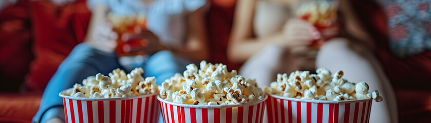 Wall Mural - Photo Realistic Image of Friends Enjoying Movie Night at Home with Popcorn and Drinks, Symbolizing Comfort and Fun of Spending Time with Close Friends   Photo Stock Concept