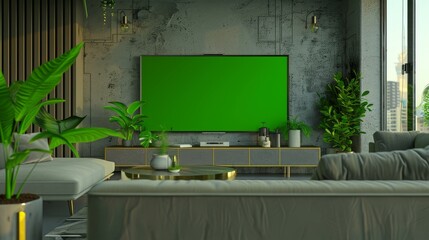 Poster - A Horizontal Mock-up of a Colour Key Green Screen Display on a TV Set in a Modern Living Room. Smart Television Set, Sofa, Potted Plant in a Modern Apartment. Domestic Cinema Concept.