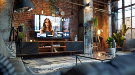 Poster - In this stylish loft apartment interior you see an evening news show playing on the TV. On the television stand you can see a monitor that is standing on it. An empty cozier living room of a spacious