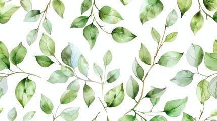 Wall Mural - Floral pattern in watercolor of green leaves and branches on white background, perfect for the decoration of wrappers, wallpapers, postcards, greeting cards, wedding invitations and other romantic