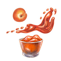 Apricot jam in a vase, poured in waves, drops and splashes. Watercolor illustration for design templates of sweet harvest, summer fruits, juices, canned food, marmalade and sweets