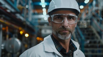 Poster - A close-up of an experienced, successful male engineer in a white hard hat and safety glasses posing for the camera at an electronics manufacturing factory.