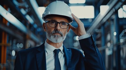 Wall Mural - An engineer, who is in his mid-30s, puts on a white hard hat while walking at a factory, starting a new day at work in the heavy industry.