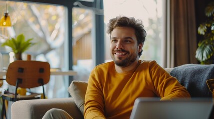 Poster - Happy male talking online to family and friends from his living room, smiling and telling interesting stories. POV from camera footage.