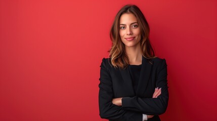 Wall Mural - A beautiful businesswoman, dressed in a sleek professional attire, standing confidently against a solid colored background