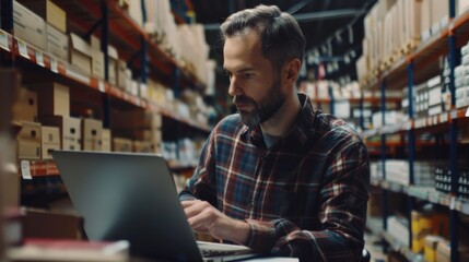 Poster - An online store inventory manager is preparing a small parcel for postage, using a laptop computer. A young confident small business owner is preparing an order for a client in the storeroom.