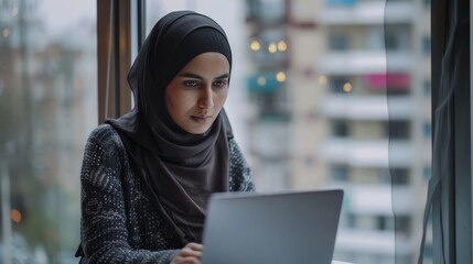 Poster - The picture shows a young Muslim woman in a hijab working on her laptop computer on a window sill. An office worker working remotely from home.