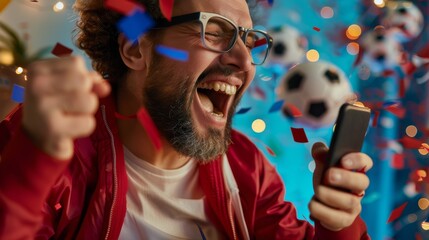 Man holding a smartphone, feeling nervous about the sports bet he just put on his favorite soccer team. Excited when his football team scores a goal and he wins a high stakes casino prize.