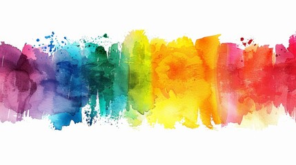 Multicolored watercolor stains on white background. Vivid watercolour stripes of different rainbow colors texture. Painted abstract template with uneven edges.