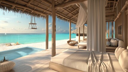 beachside bedroom with light, breezy decor, offering sweeping ocean vistas and incorporating natural