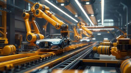 Poster - Automated Robot Arm Assembly Line Manufacturing High-Tech Green Energy Electric Vehicles. Welding Conveyor Constructing. Wide Angle Elevated Shot.
