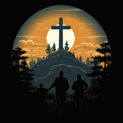Wall Mural - Silhouette of people staring at the cross on top of a mountain during the night. Digital illustration.