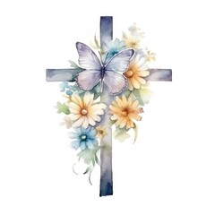 Wall Mural - Old School Vintage Illustration: Christian Cross with Floral Spring Motif and Butterfly.