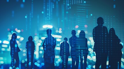 A group of people are standing in front of a city skyline with a blue background