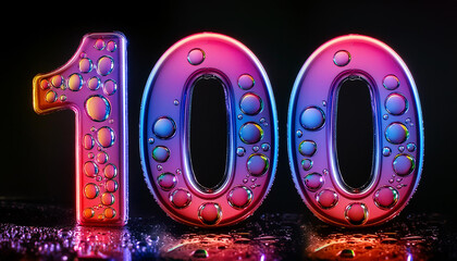 Abstract number one hundred, futuristic glossy 100 symbol, water droplets. Neon colors. 3D