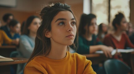 Poster - a beautiful young woman studying at university in a crowded room with diverse multi-ethnic classmate