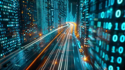 Poster - detailed render of abstract highway route through digital binary towers in city. concept of big data