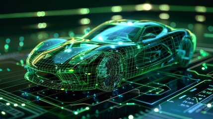 Poster - This is a dark interface mockup of professional CAD software: 3D Editing of Sports Car Building Project. Detailed 3D Model of Futuristic Super Car Electric Vehicle. Green Energy Powered Technology.