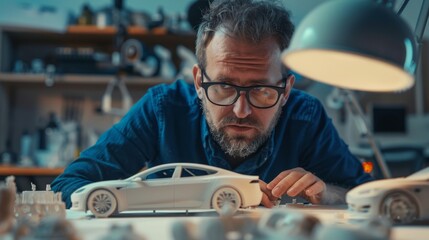 Poster - Handsome Automotive Designer Working on a Concept Car Made From Polymer Modeling Clay. Modeler looking at camera and smiling after sculpting the vehicle surface