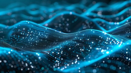 Poster - Stunning motion wave background with glowing defocused particles. Suitable for tech or cyber background use.