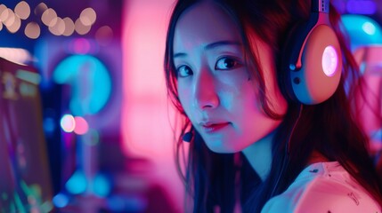 Wall Mural - A beautiful Japanese girl wearing headphones and streaming from a futuristic neon room. Gamer playing video games in a futuristic neon room.