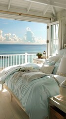 Wall Mural - beachside bedroom with light, breezy decor, offering sweeping ocean vistas and incorporating natural materials for a soothing ambiance.