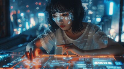 Poster - Young Japanese woman using augmented reality platform in a technologically advanced room. She is using an interactive glass desk with a futuristic cyberpunk city in the background.