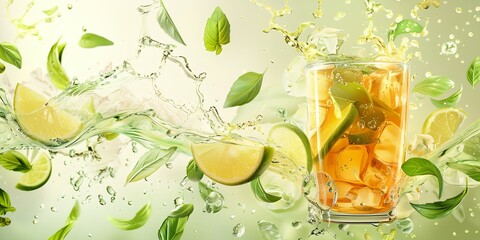 Poster - a glass of lemonade with limes and leaves on a green background with water splashing around it