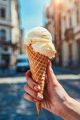 Wall Mural - close up of ice cream in hand. Selective focus