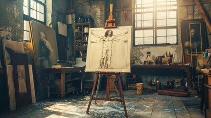 Drawing of Vitruvian Man by Leonardo da Vinci resting on an easel in Renaissance Art Studio. Famous Piece Representing Science, Art, Health and Fitness. Scientist studying.
