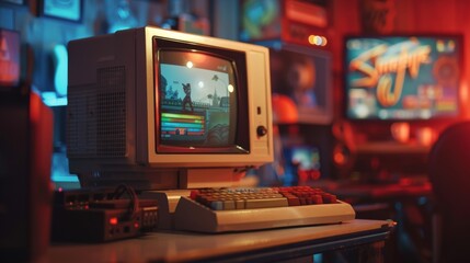 Poster - Late At Night In Nineties, Close-Up Of Old Desktop Computer With 3D First-Person Shooter Video Game In Retro Garage. Typical Gamespy PC Of Gamer Running Popular Game With Character Playing Against