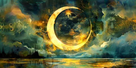 Wall Mural - a painting of a crescent with a star in the middle of it and clouds in the background, with a lake b