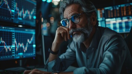 Poster - In a modern stock exchange firm, a middle-aged man monitors companies and funds, securities, derivatives, investment products, and bonds on computer displays.