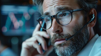 Poster - A Caucasian male stock exchange agent is having a phone call with a client, encouraging them to invest in a newly public startup. Close up portrait.
