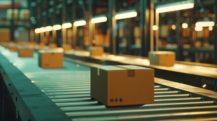 Poster - In a modern logistics center with automated sorting technology, packages are moved on conveyor belts and cardboard boxes are stacked by hand. The shot uses 3D graphics to establish the shot.